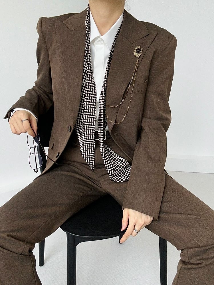 Vintage Tailored Unisex Collar Fit Coffee Notched Blazer Ouji with Lolita