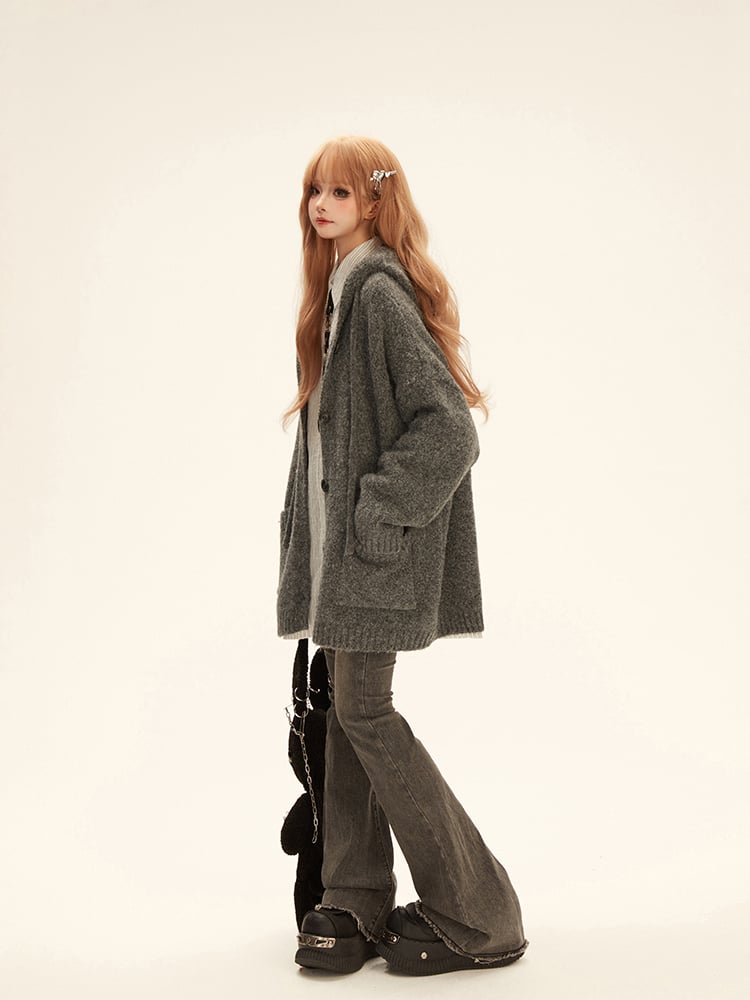 V-Neck Square Knit Deep Mid-Length Gray with Pockets Hooded Cardigan