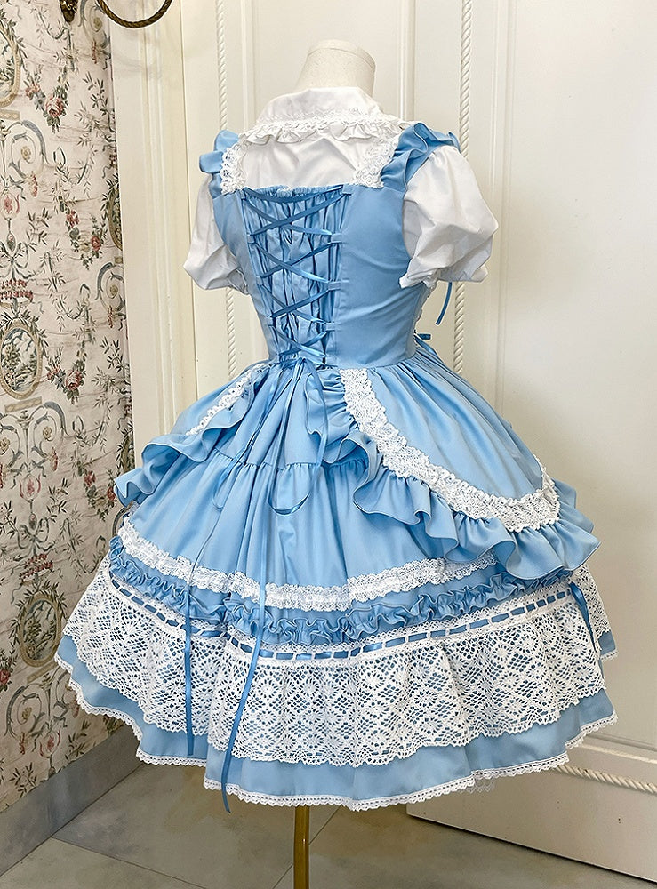 ブルーのボディスハート取り外し可能なパッド入りスクールドレス古いロリータジャンパースカート