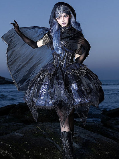 Black & Blue Bone Dragon Embroidery Halter Neck Gothic Lolita Dress Set - Ying Luo Fu