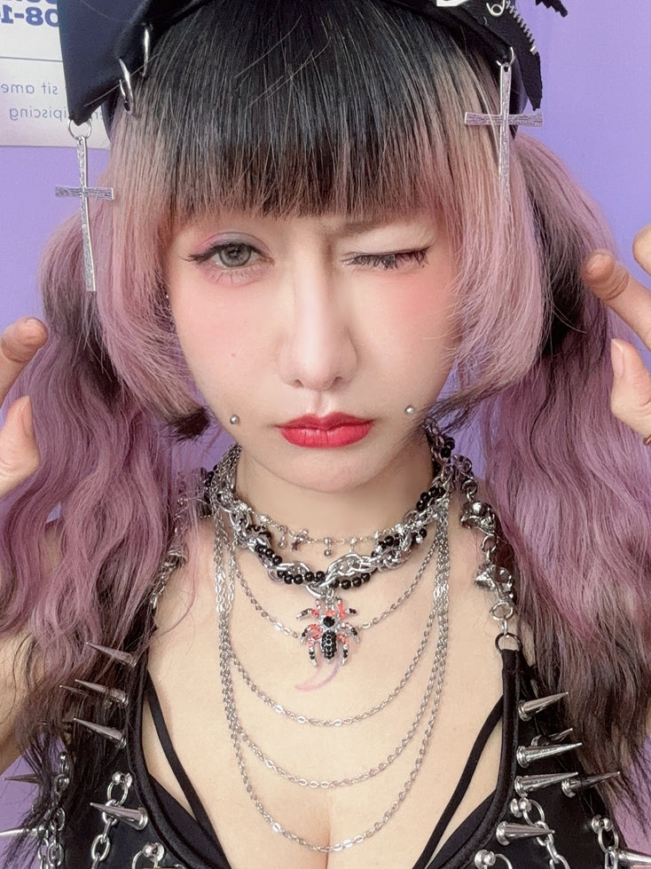 Pendant Necklace Beaded Decorated Silver Spider Rhinestone