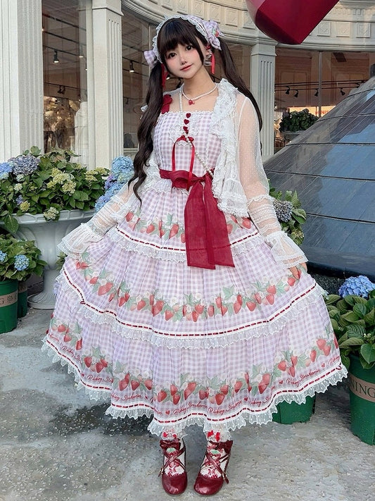 Cottagecore Strawberry Print Purple Picnic Gingham Dress Sweet Lolita Jumper Skirt