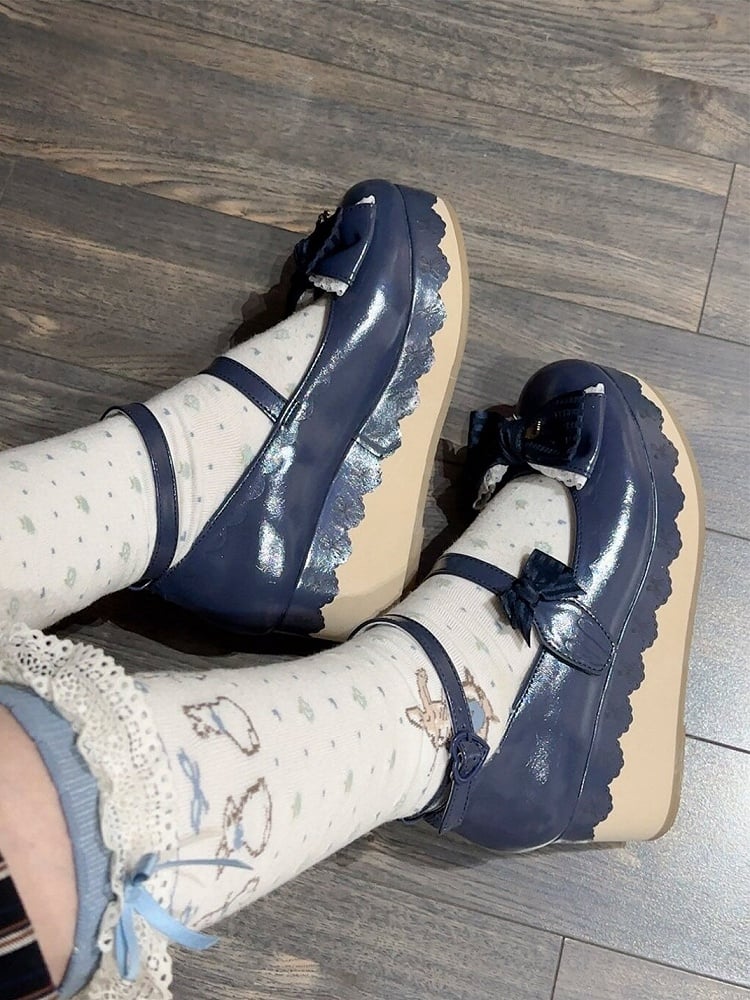 Blue Trim Striped Platforms Lace Top PU Lolita Scalloped Bow Hem with - Navy