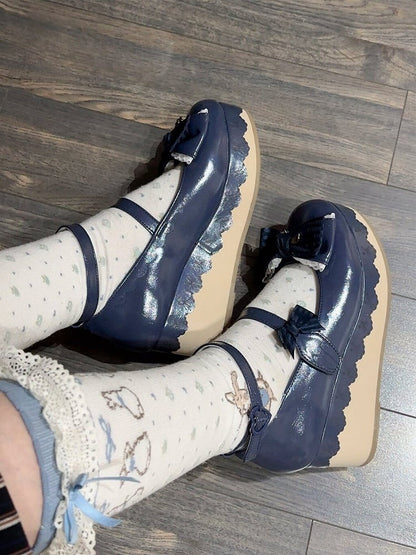 Blue Trim Striped Platforms Lace Top PU Lolita Scalloped Bow Hem with - Navy