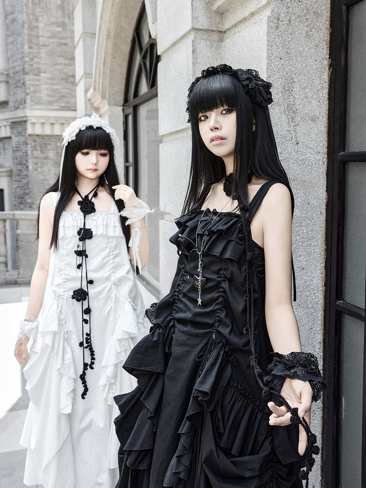 Kleid Lockeres Design Schwarze Rüschen Kordelzug Goth Cascading