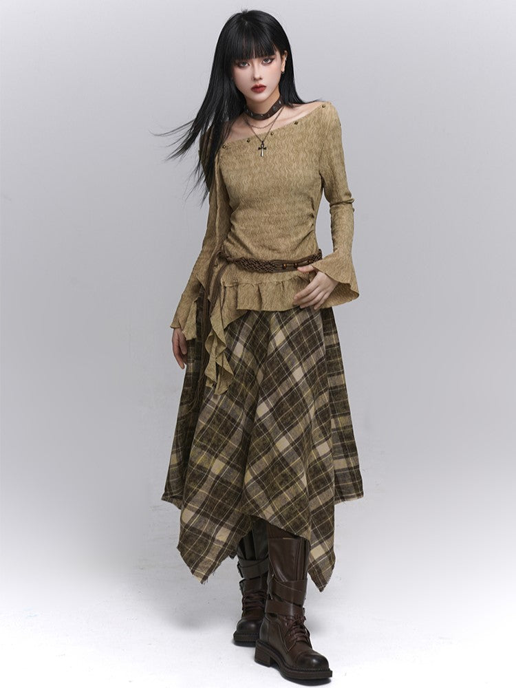 with Belt Zipper Detachable Gothic Hem Skirt Plaid Side Coffee Handkerchief