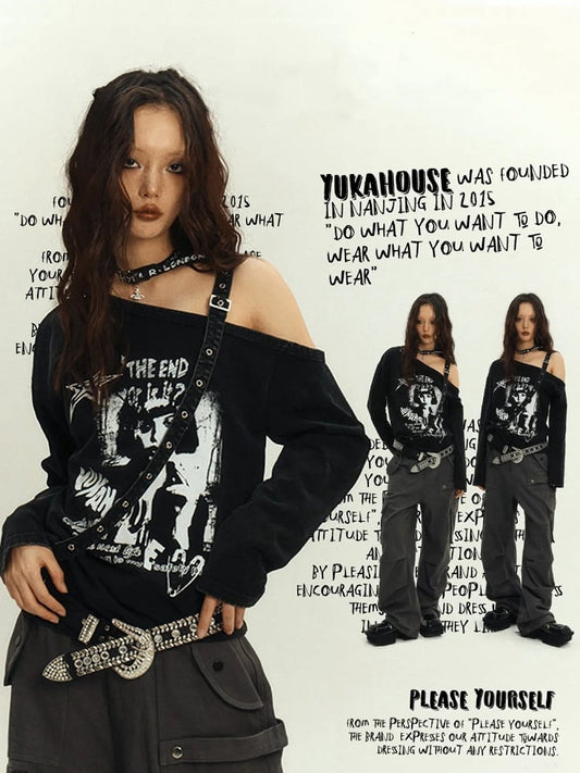 Cutout Schulter Top Y2K Punk Schwarz Asymmetrisch