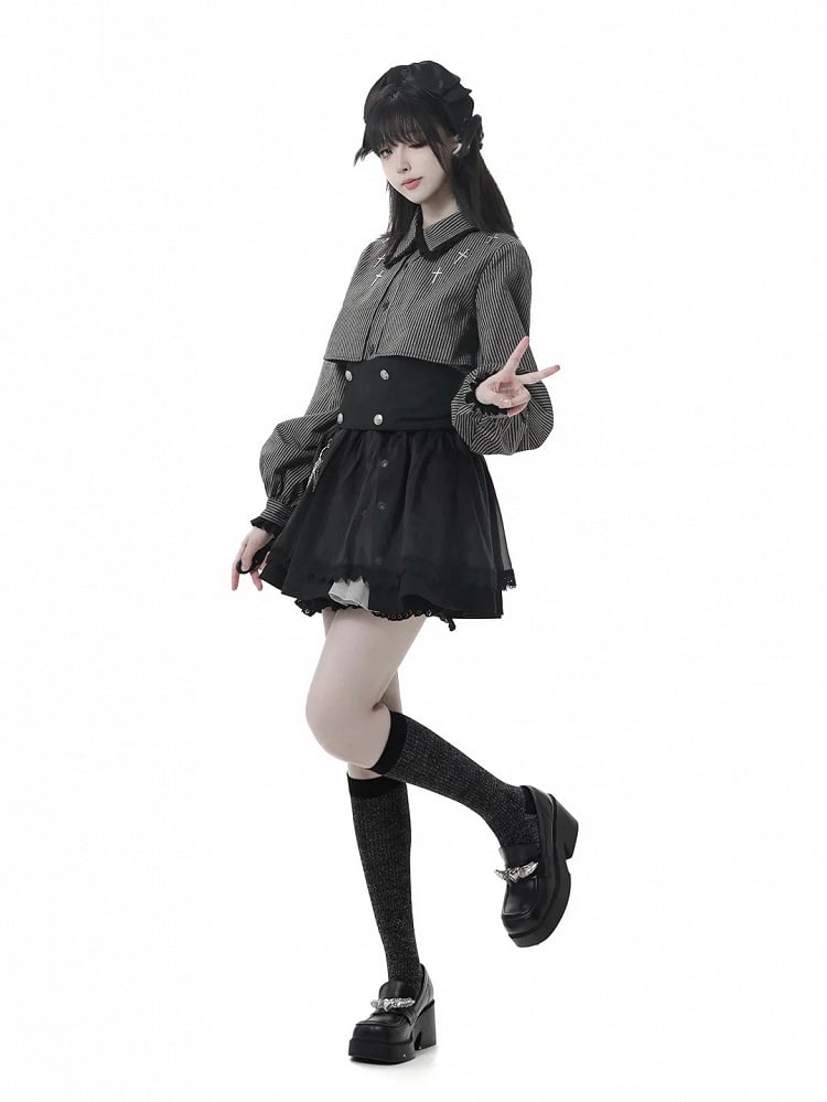 Gray Gothic Cross Black Oversized Shirt Collar Two-Piece Faux Dark Details Stripe Lace and Cuffs with |