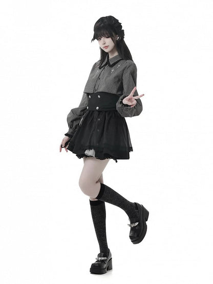 Gray Gothic Cross Black Oversized Shirt Collar Two-Piece Faux Dark Details Stripe Lace and Cuffs with |