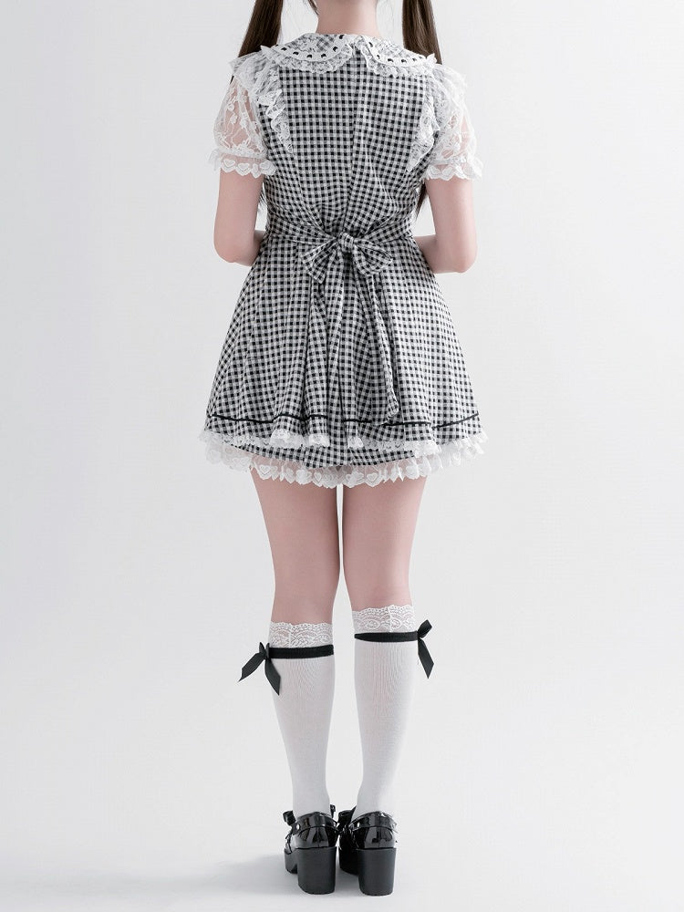 Black & White Plaid Bow Lace Dress with Shorts - Ostslheep
