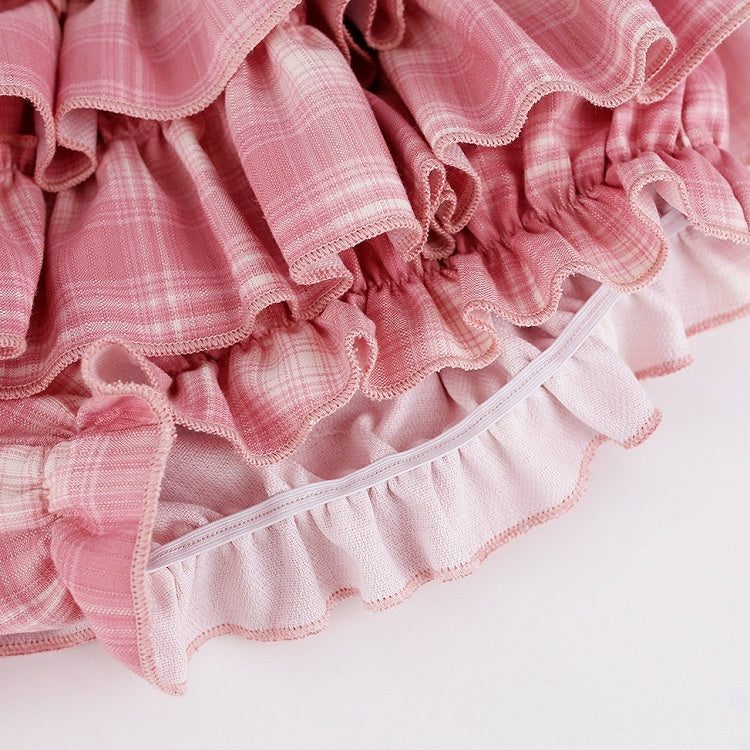 Dark Pink Plaid Tiered Skirt with Shorts - serendipity