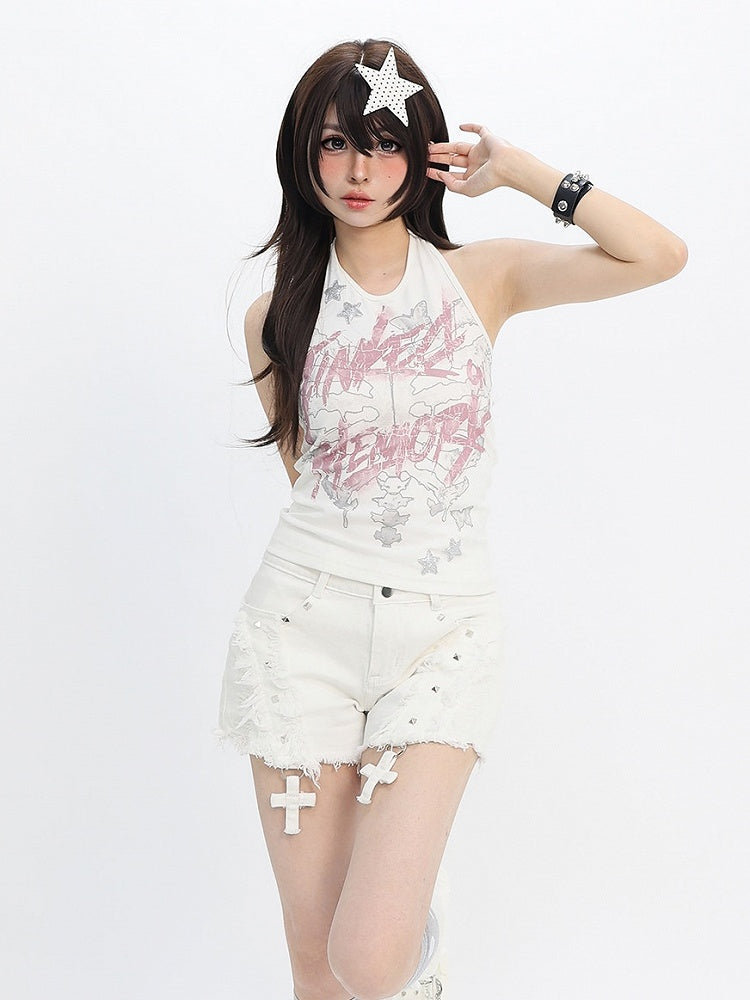 Sweet Kawaii White Distressed Shorts with Rivet and Cross Decor - Catwish