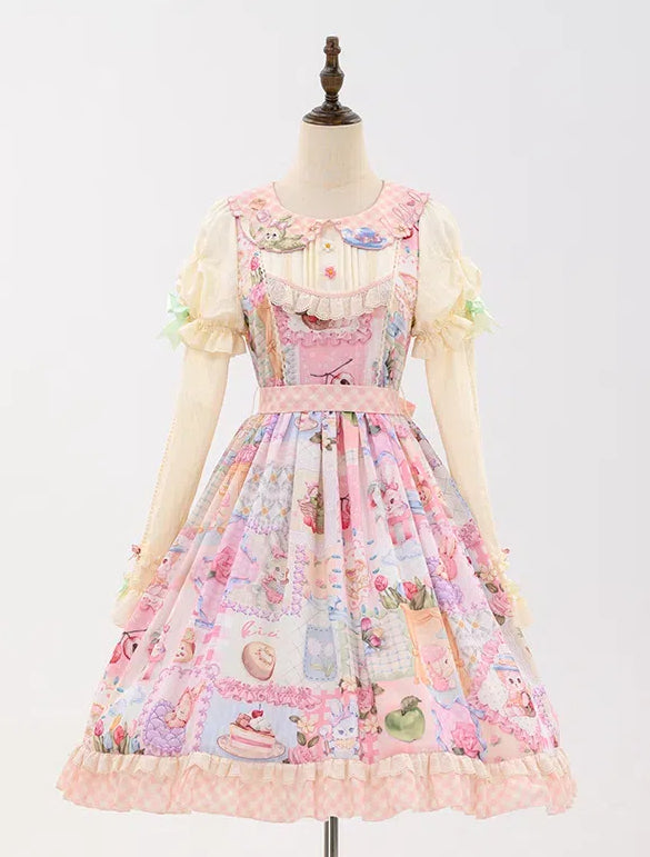 Robe Sweet Lolita en patchwork avec col brodé lapin et manches amovibles