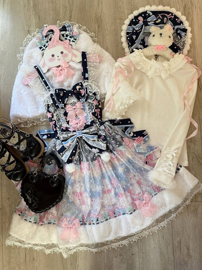 Pink Trim Bow Lolita Fur Dark Accents Hem Print Sweet Cat with and Dress Blue