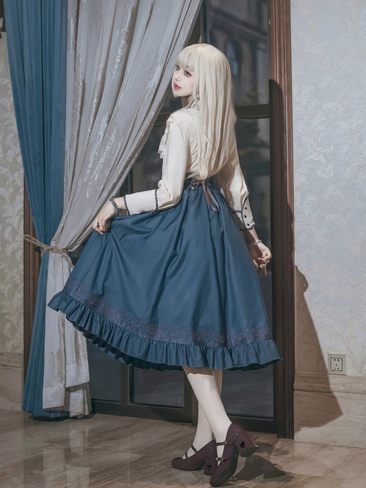 Preppy Beige & Blue Bow Lolita Blouse + High-Waist Skirt + Cape Ensemble - Xiong Dou Jiang