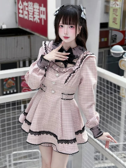 Jirai Matching Sweet Pink with Collar Outfit: Shorts Kei Detachable Two-Piece Tweed Puff Plaid Dress