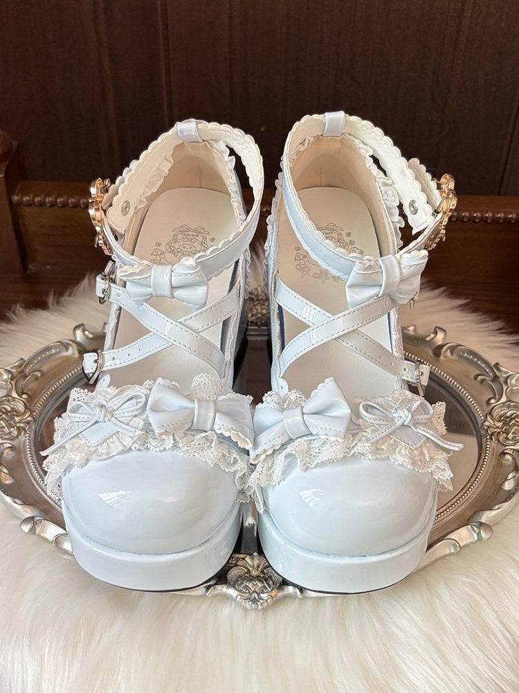 Edging with PU in Details High Lace Print Heel Bowknot Block Lolita Spoon Blue Sky Sweet Elegant Heels