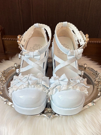 Edging with PU in Details High Lace Print Heel Bowknot Block Lolita Spoon Blue Sky Sweet Elegant Heels