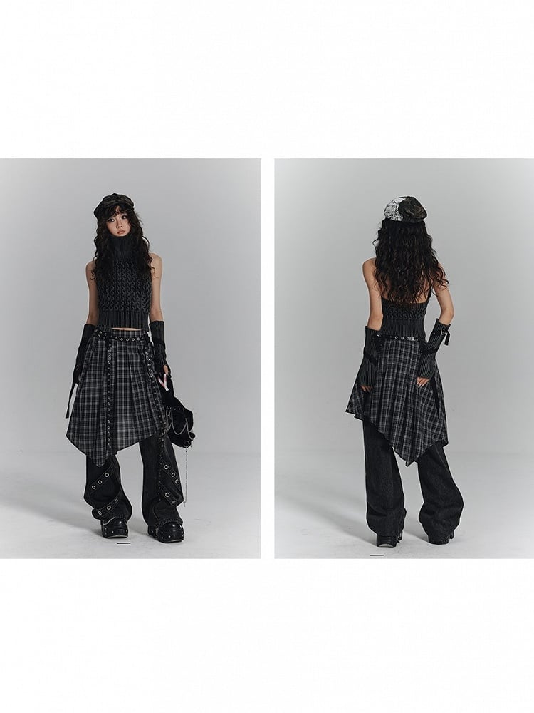 with Punk Skirt Gothic Belts White Hem Dual Black Handkerchief Eyelet Plaid Metal PU