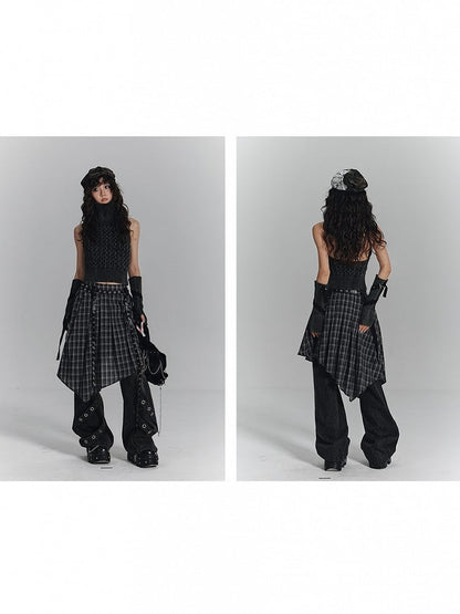 with Punk Skirt Gothic Belts White Hem Dual Black Handkerchief Eyelet Plaid Metal PU