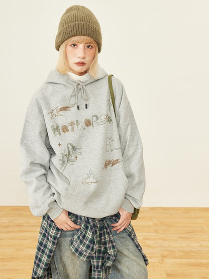 Pouch Vintage Cute Pullover Pocket Hoodie Hood Front Drawstring Print Gray -