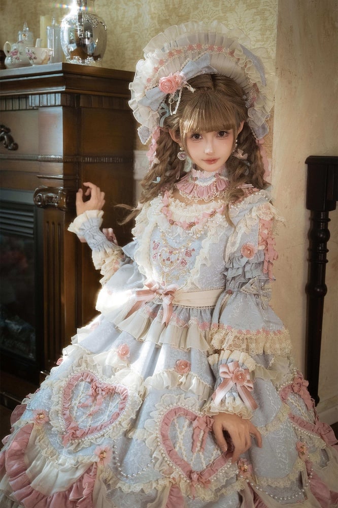 Wunderschönes Hanayome Lolita-Kleid mit Rosettenstickerei und Perlenkettendetails, Hellgrau