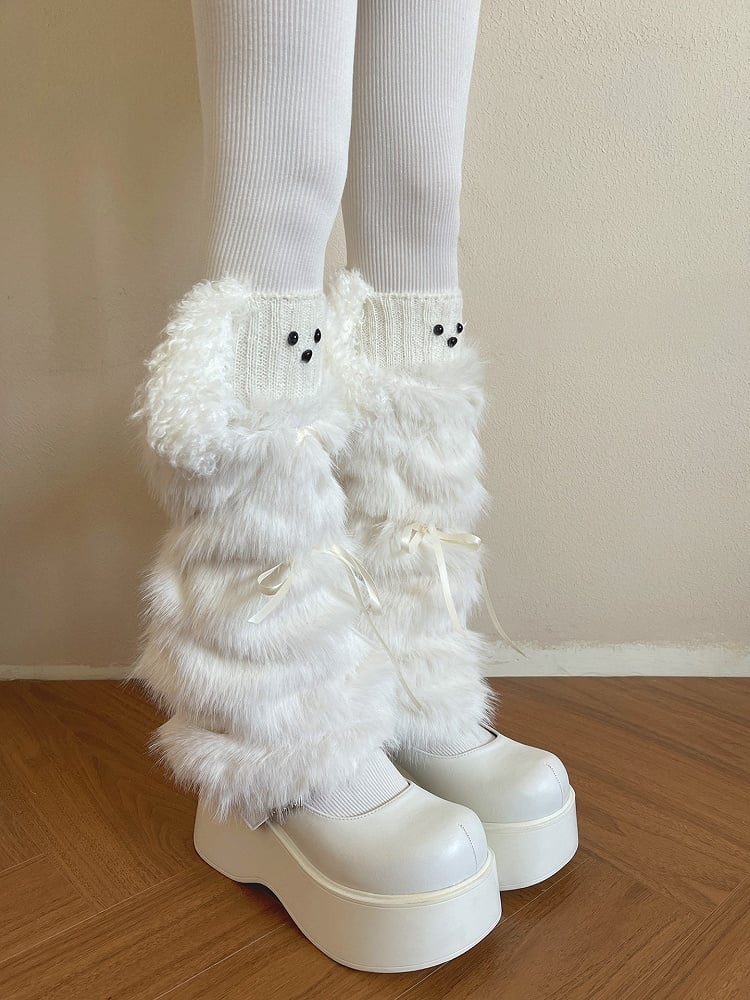 Leg Fur Bow Satin White Faux Accents Warmers with