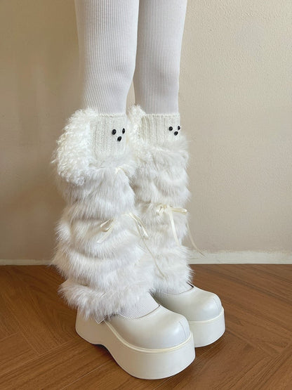Leg Fur Bow Satin White Faux Accents Warmers with
