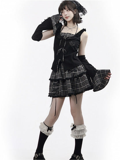 Black Fake Two-Piece Halter Top with Plaid Ties - PINK SAVIOR