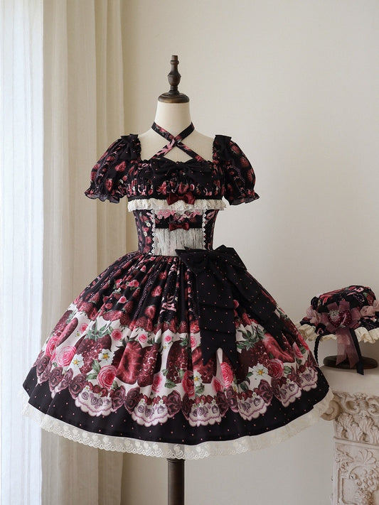 Black Strawberry Square Neck Puff Sleeve Lolita OP