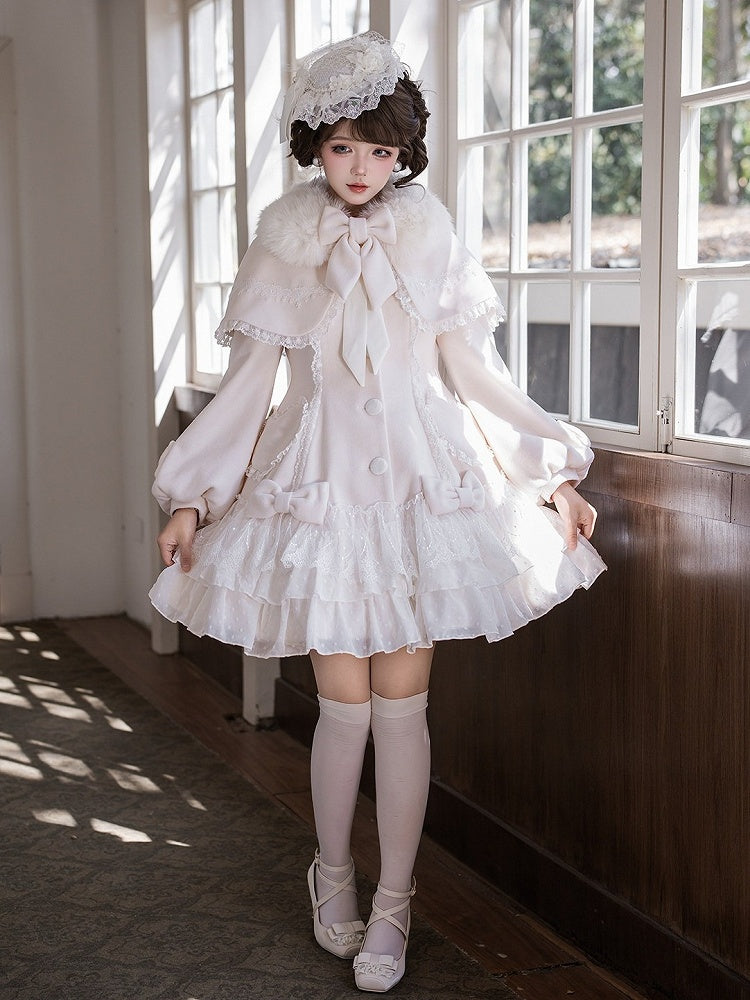 Snow White Heart Lace Applique Sweet Lolita Winter Overcoat - Dream Magic Box