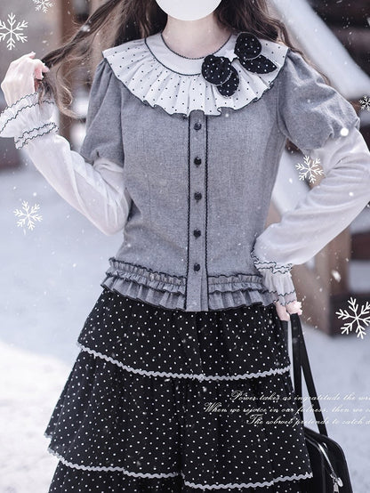 Front Button Sleeves Ruffle Polka Top: Collar Gray Dot with Juliette Kitten Aesthetic