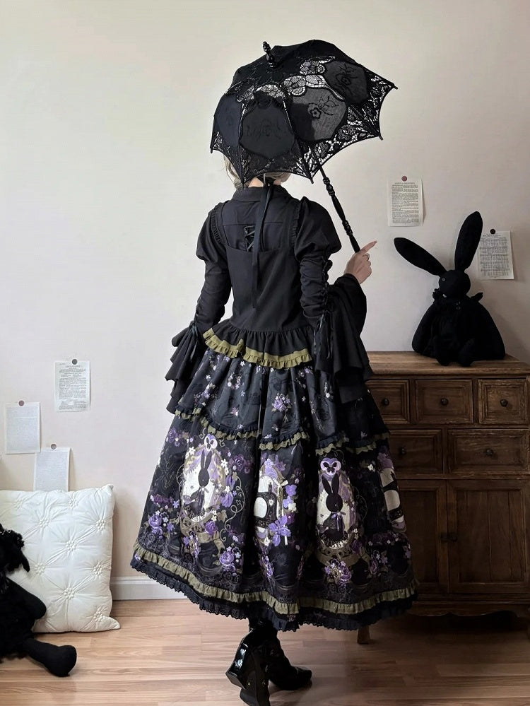 Front Placket Floral Bunny and with Jacquard Lolita Skirt Print Button