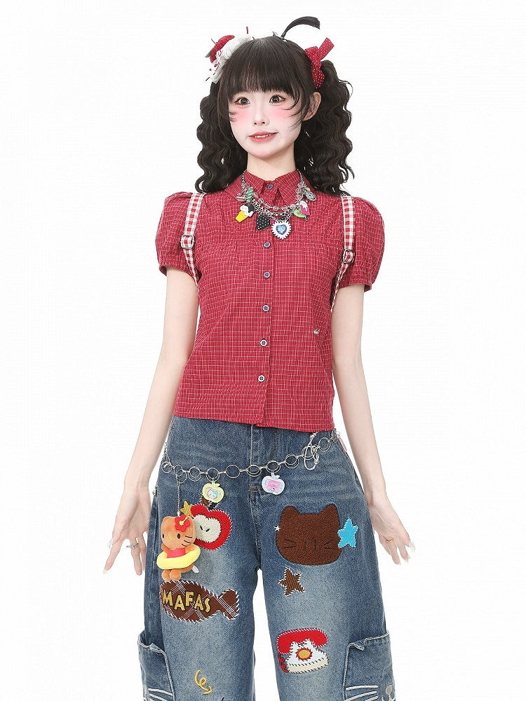 Daily Kawaii Red Plaid Puff Sleeve Polo Collar Shirt - Languid Park