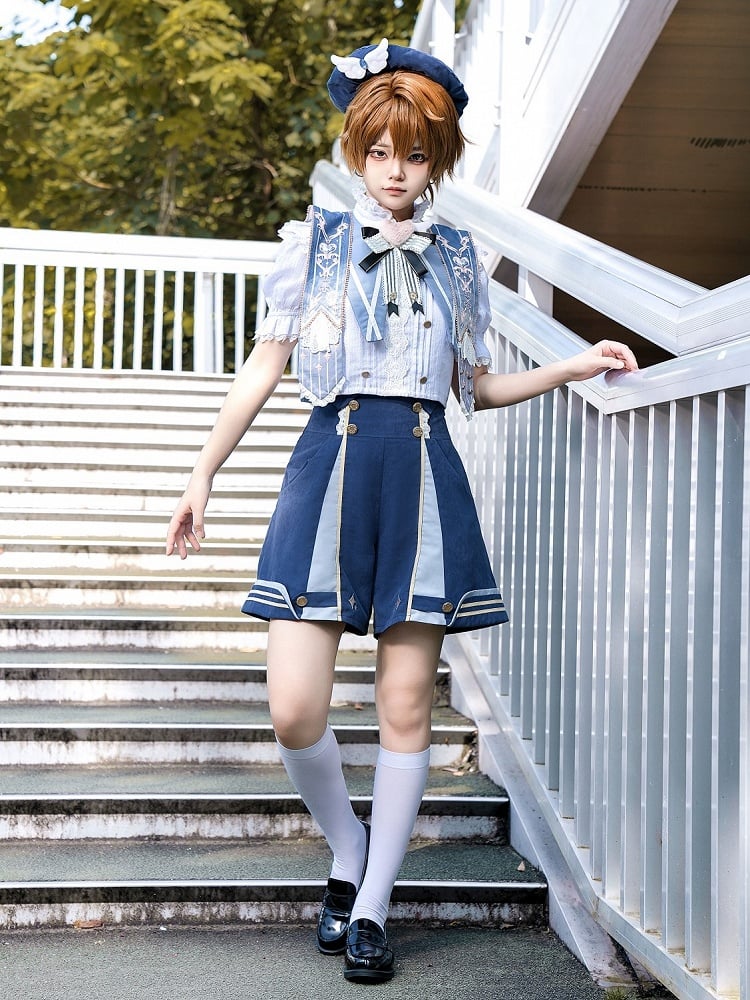 Detachable Lolita Ruffled Blue Shorts Ouji Shirt Set Warmers + Collar Dark Leg