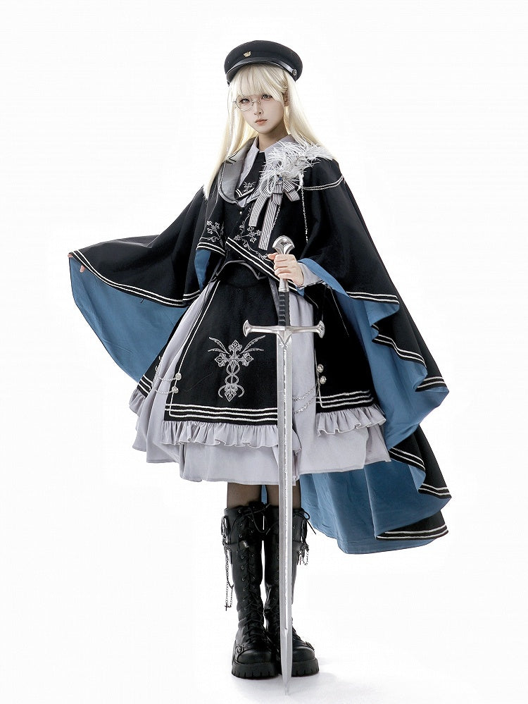 Hemd + Lolita-Westenärmel-Set - Schwarz, lang, grau und Militärrock