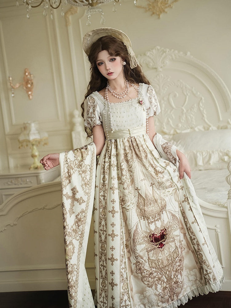 Gold Cross Pattern Gothic Lolita Empire Dress Set - Unknown Star
