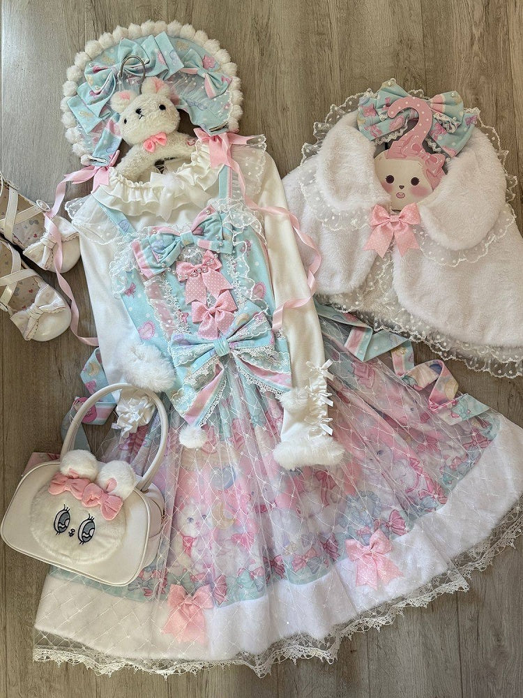 Sweet Trim with Cat Hem Lolita and Print Accents Green Bow Pink Fur Dress Light