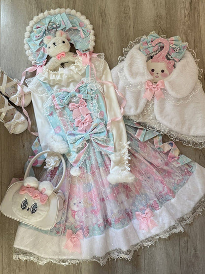Sweet Trim with Cat Hem Lolita and Print Accents Green Bow Pink Fur Dress Light
