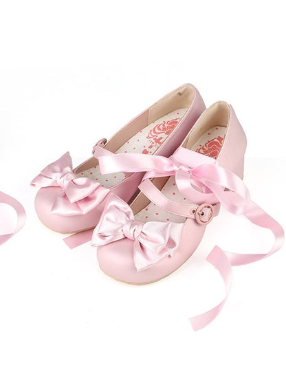 Round Toe Lace-up Bowknot Pink Lolita Heels 4.5cm - MODO