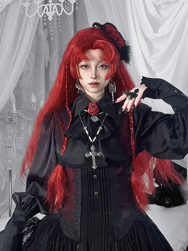 Red Feather Trim Hat and Lolita Mini Black Gothic Rose Embellishments with Lace