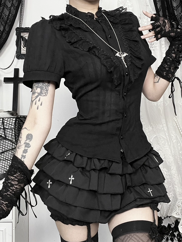 Short with Ruffled Collar Ruffle Black Gothic Sleeve Halloween Shirt