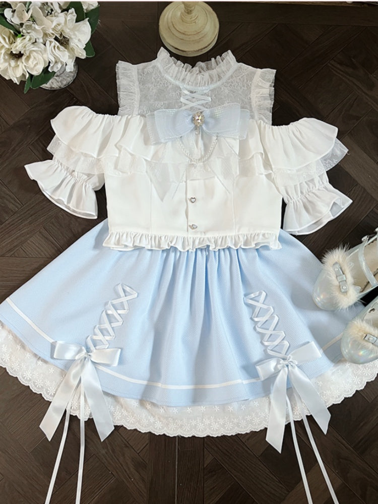 イリュージョンスカートショルダーブルークロスオープンホワイトデザイントップ+ネックラインケイセットジライ