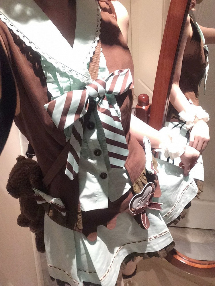 Mint & Cocoa Two-Piece Bow Sleeveless Top Ensemble with Ruffled Lace Skirt - Sweet Dream