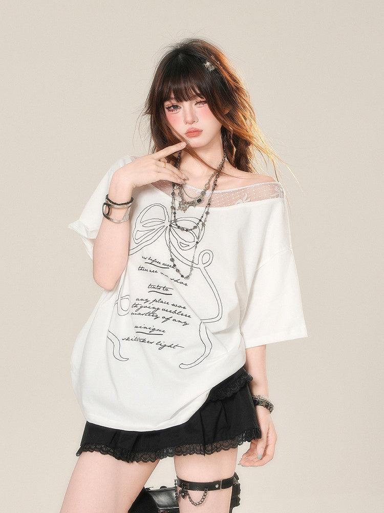 Bow Print Loose White Asymmetrical Neckline Lace T-Shirt Patches Neckline