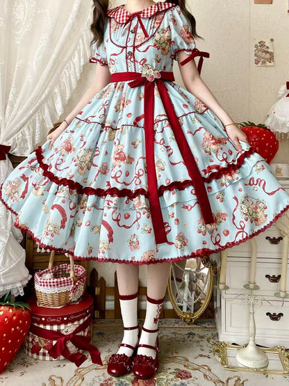 Kurzes Teddy-Kleid mit blauem Print und Erdbeer- und Lolita-Ärmeln