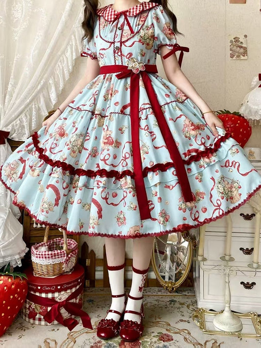Erdbeer-Teddyärmel, kurzes und bedrucktes blaues Lolita-Kleid