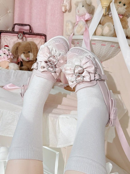 Jirai Kei Pink Pearl Heart Lace Bowknot Footwear - Transfer Student