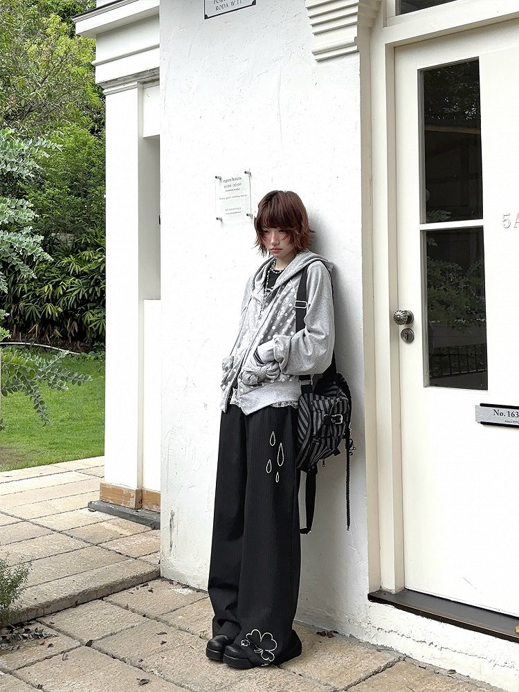 Black Wide-Leg Lace Raindrop and Trim with Clover Pants Rhinestone