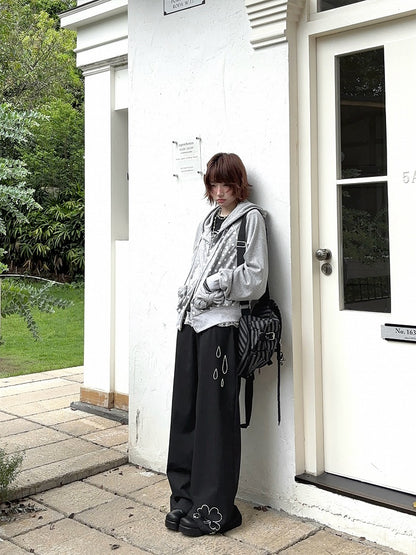 Black Wide-Leg Lace Raindrop and Trim with Clover Pants Rhinestone